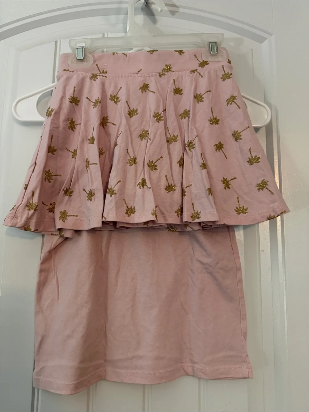 Gently worn Pink Tank Top with Gold Glitter Palm Heart with matching skort set